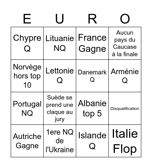Eurovision Bingo Card