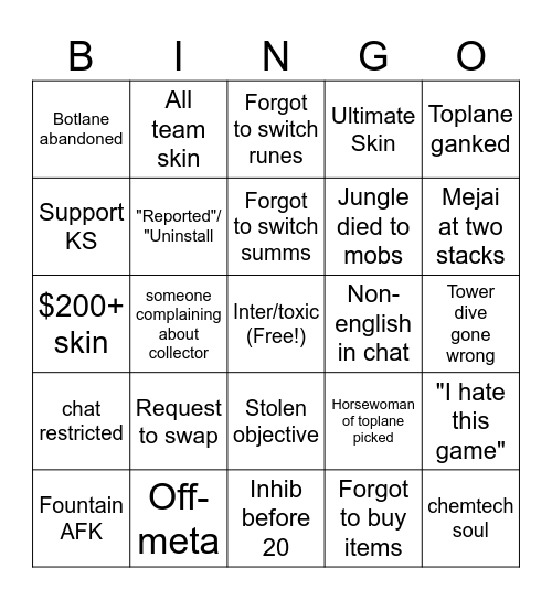 league bingo Card