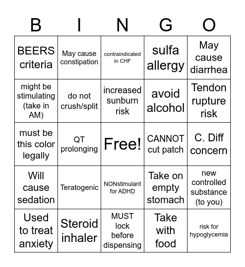 Pharmacy Bingo Card