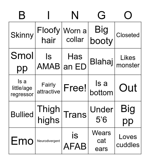 Femboy bingo Card