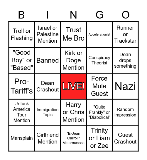 Dean or Parker Live Stream Bingo Card