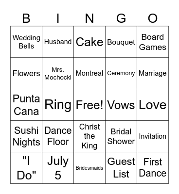Gillian's Bridal Shower Bingo Card