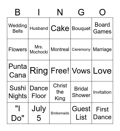 Gillian's Bridal Shower Bingo Card