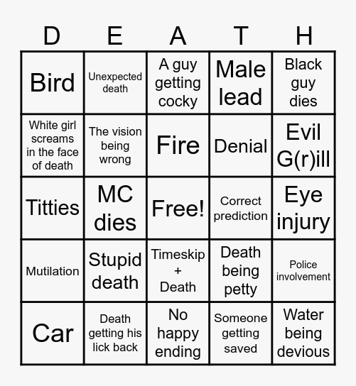 Final Destination Bingo Card