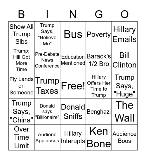 2016 Final Debate Bingo Card