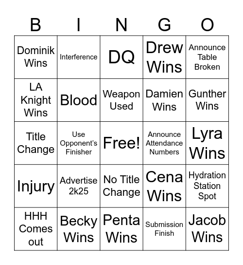 WWE Backlash Bingo Card