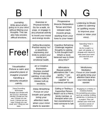 Coping Skills Bingo Card