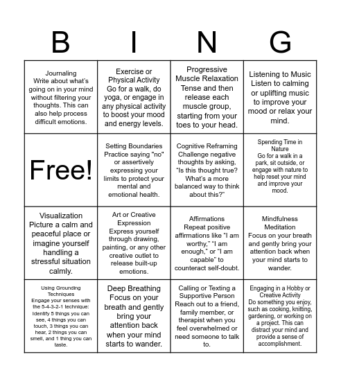 Coping Skills Bingo Card