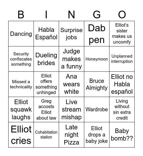 Elliot & Ana’s Wedding Bingo Card