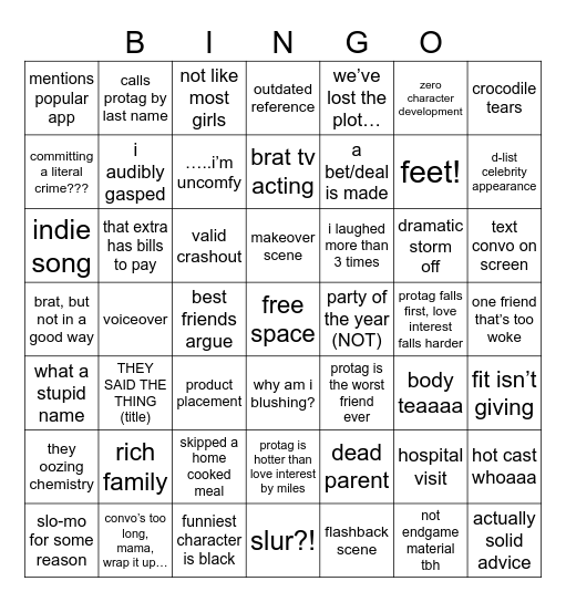 Teen Movie Bingo Card