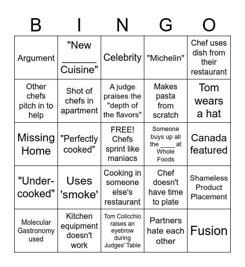 Top Chef Bingo Season 22 Ep. 9 Bingo Card