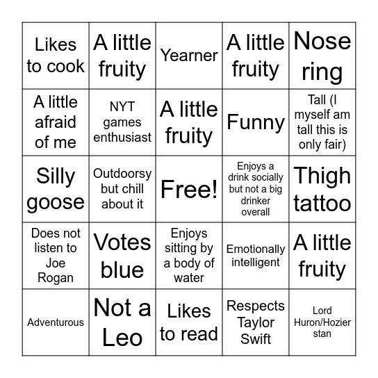 Are You My Type? Bingo Card