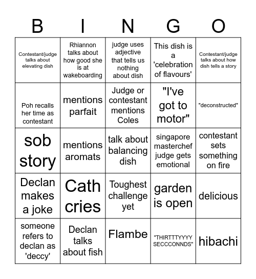 Masterchef bingo Card