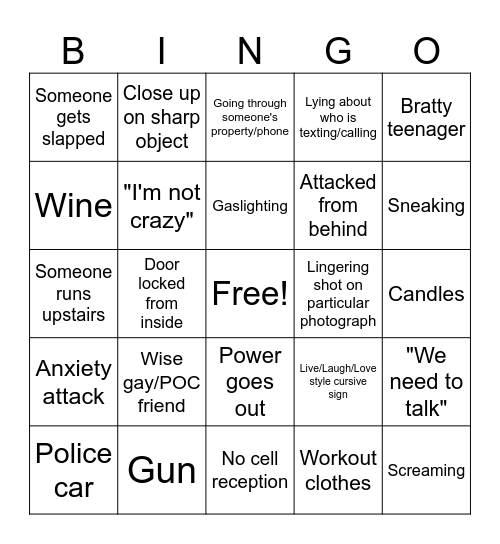 Lifetime Movie Bingo Card