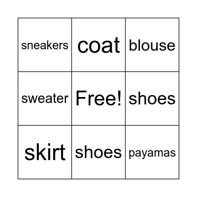 Clothes Bingo Card