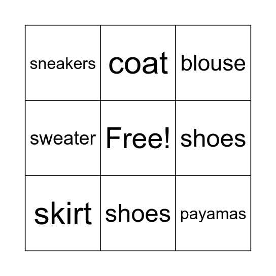 Clothes Bingo Card