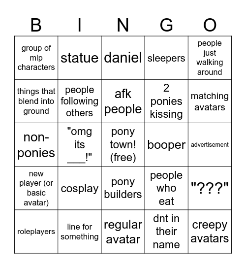 ponytown bingo Card