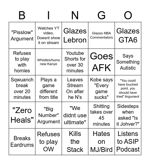 Kobe Stream Bingo Card