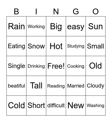 Vocabulary Review Bingo Card