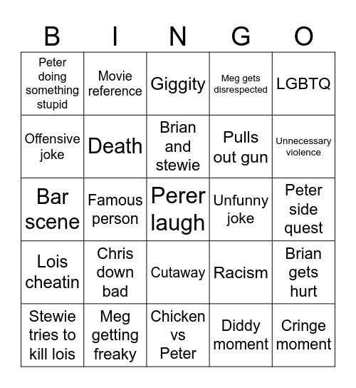 Family guy Bingo Card