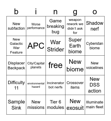 helldivers 2 update Bingo Card