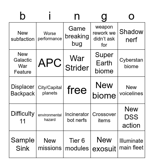 helldivers 2 update Bingo Card