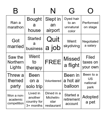 Things I Have Done Before 30 Bingo Card