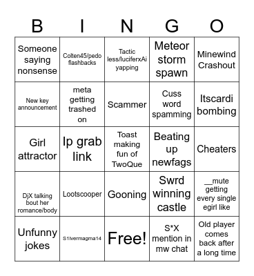 Minewind Bingo Card Bingo Card