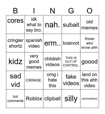 Youtube shortz Bingo Card