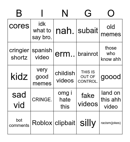 Youtube shortz Bingo Card