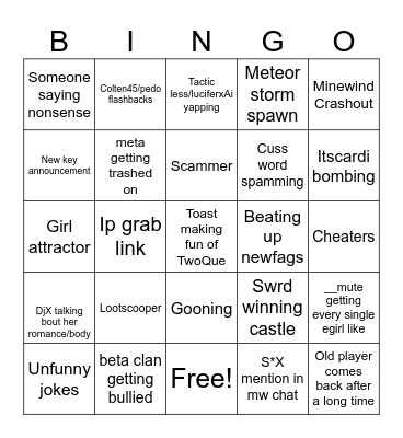 Minewind Bingo Card Bingo Card