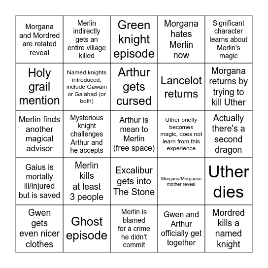 BBC's Merlin Season 3 Bingo Card