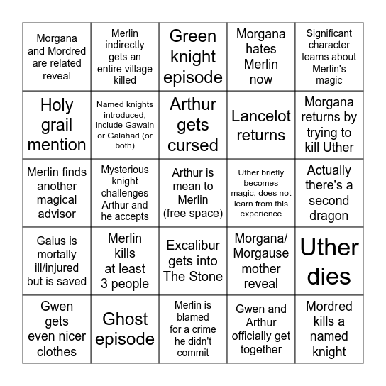 BBC's Merlin Season 3 Bingo Card