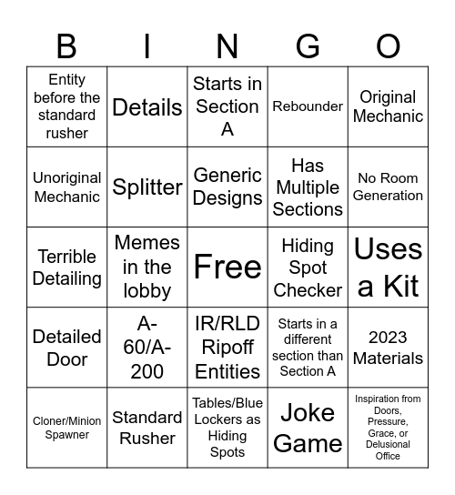 Rooms Fangame Bingo Card
