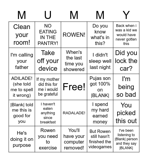 Mom saying bingo Card
