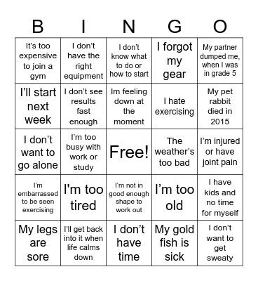 Excuses to exercise Bingo Card