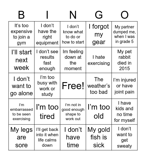 Excuses to exercise Bingo Card