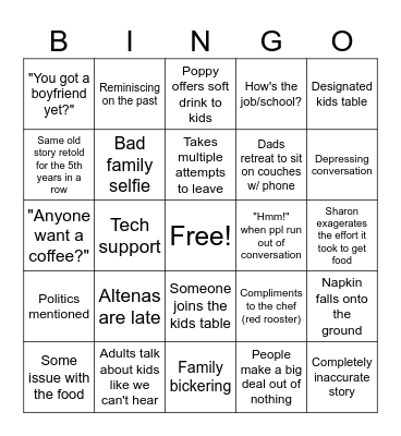 Family Event Bingo Card