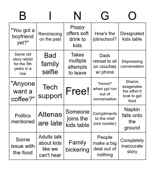 Family Event Bingo Card
