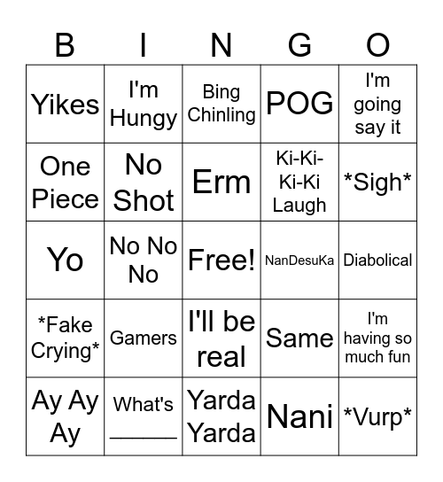 Xander Bingo Card