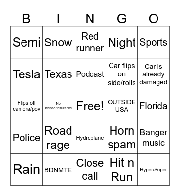 Crappy bad driver bingo Card