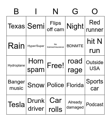 Lyra's BDB (Bad driver bingo) Bingo Card