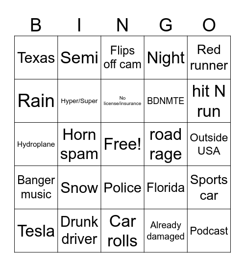 Lyra's BDB (Bad driver bingo) Bingo Card