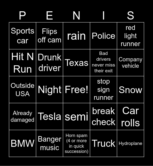 Bad Driver Bingo night Bingo Card