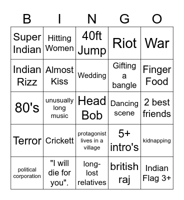 Bollywood Bingo Card