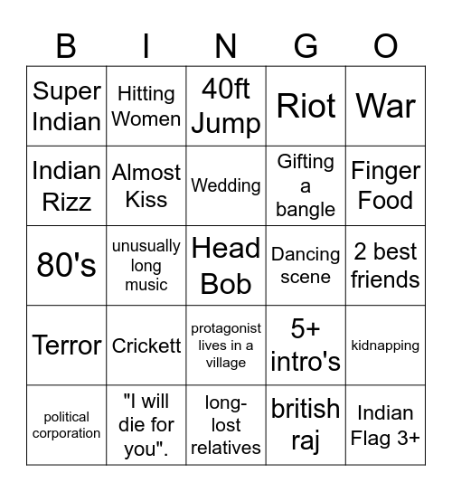 Bollywood Bingo Card
