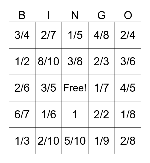 Fraction Bingo Card