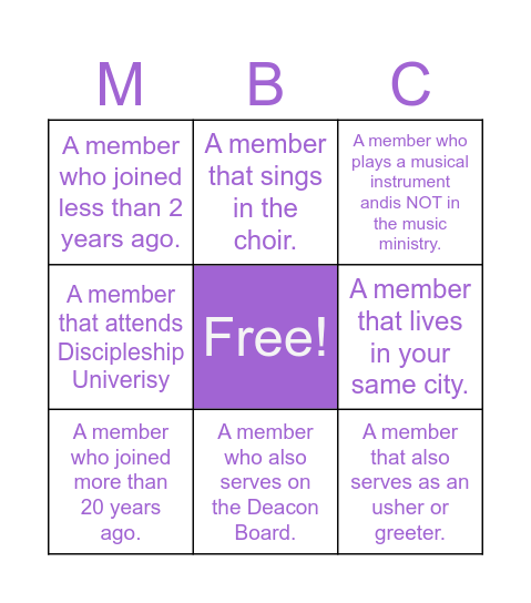 "The Rock" Mt. Pisgah Member Bingo Card