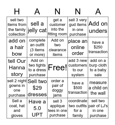 Hanna Holidays Bingo! Bingo Card