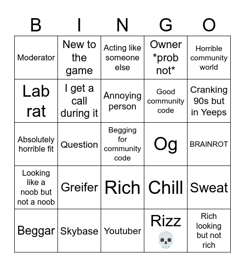 Yeeps Bingo Card